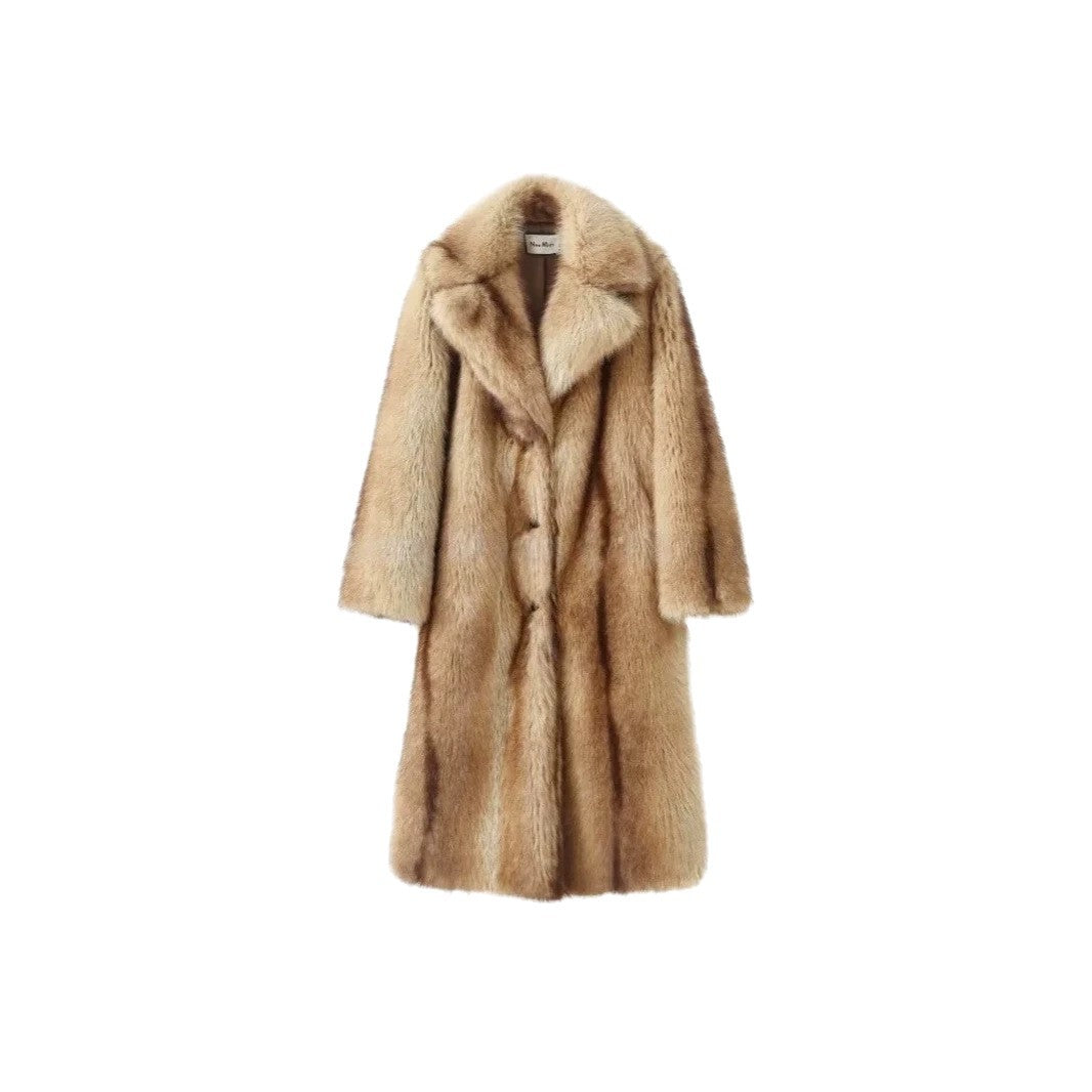 Ladies Long High-Pile Faux Fur Coat with Lapel Collar Fashion Glam