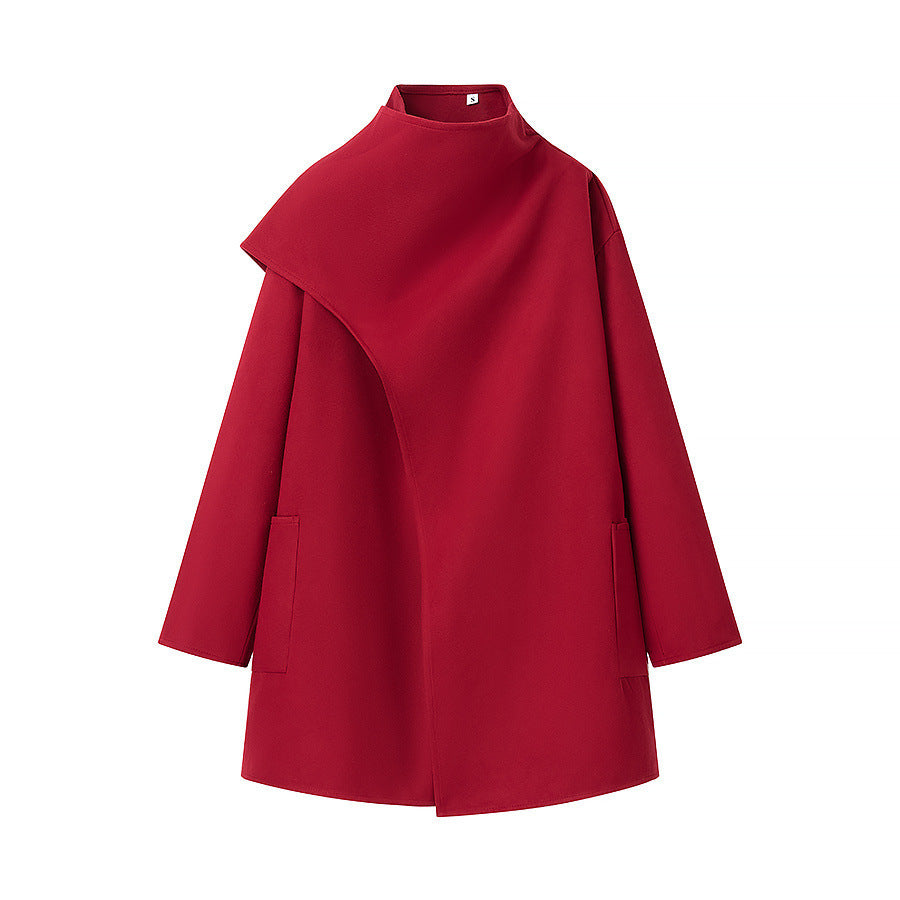Women's short coat with high roll collar, cape detail, and patch pocket Fashion Glam