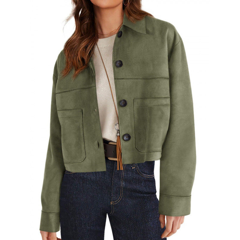 Women's short suede-look jacket with patch pockets and shirt collar Fashion Glam