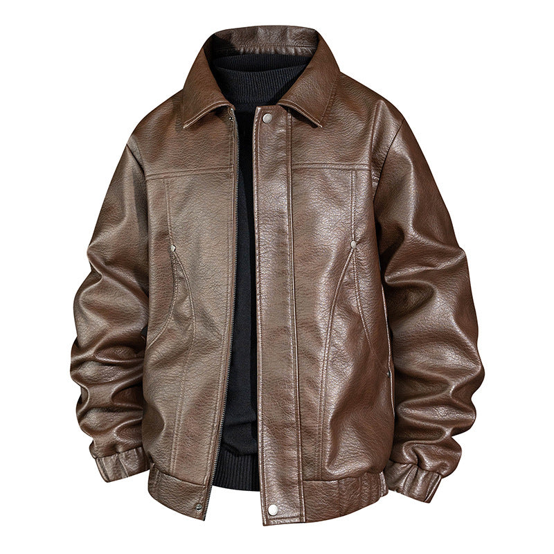 Men's faux leather bomber jacket with shirt collar, elastic waistband, and concealed zipper Fashion Glam