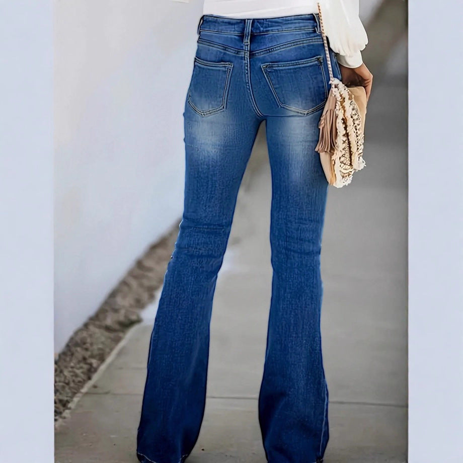 Women's high-waisted flared jeans with visible button fly, destroyed knee & sculpting stretch fit Fashion Glam