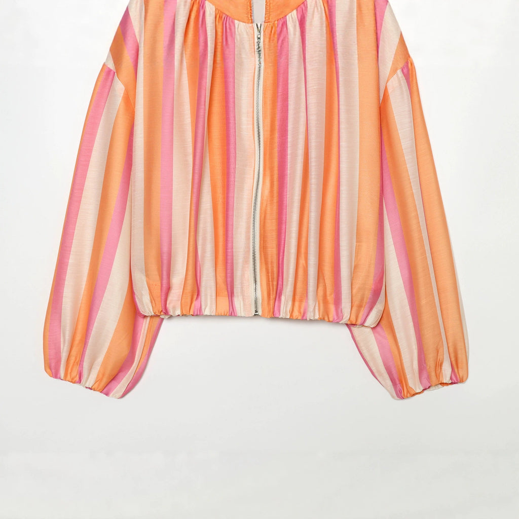 Women's Striped Cropped Bomber Jacket with High Stand Collar, Balloon Sleeves and Zipper Fashion Glam