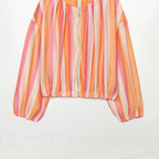 Women's Striped Cropped Bomber Jacket with High Stand Collar, Balloon Sleeves and Zipper Fashion Glam