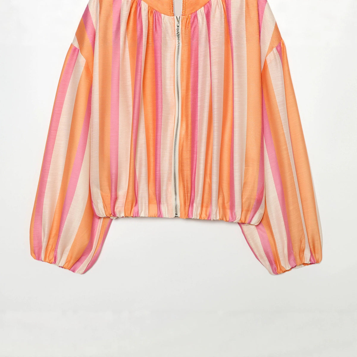 Women's Striped Cropped Bomber Jacket with High Stand Collar, Balloon Sleeves and Zipper Fashion Glam