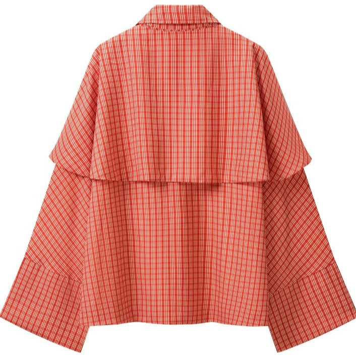 Women's Checkered Cape Transitional Jacket with Layered Cape and Bow Tie Fashion Glam