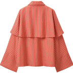 Women's Checkered Cape Transitional Jacket with Layered Cape and Bow Tie Fashion Glam