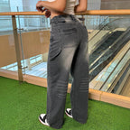 Women's High-Waisted Casual Wide-Leg Denim Pants with Vintage Wash and Extra Length Fashion Glam