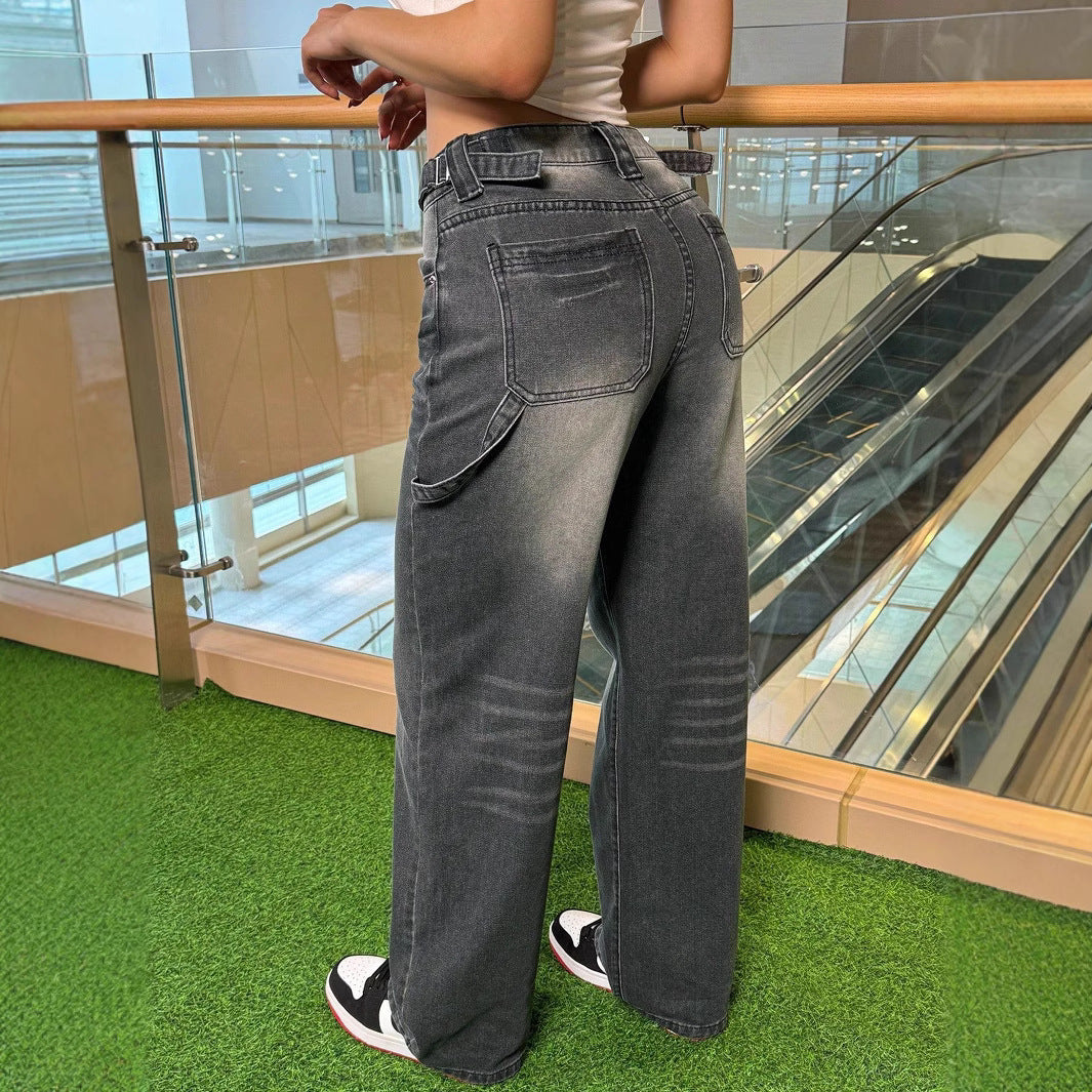 Women's High-Waisted Casual Wide-Leg Denim Pants with Vintage Wash and Extra Length Fashion Glam