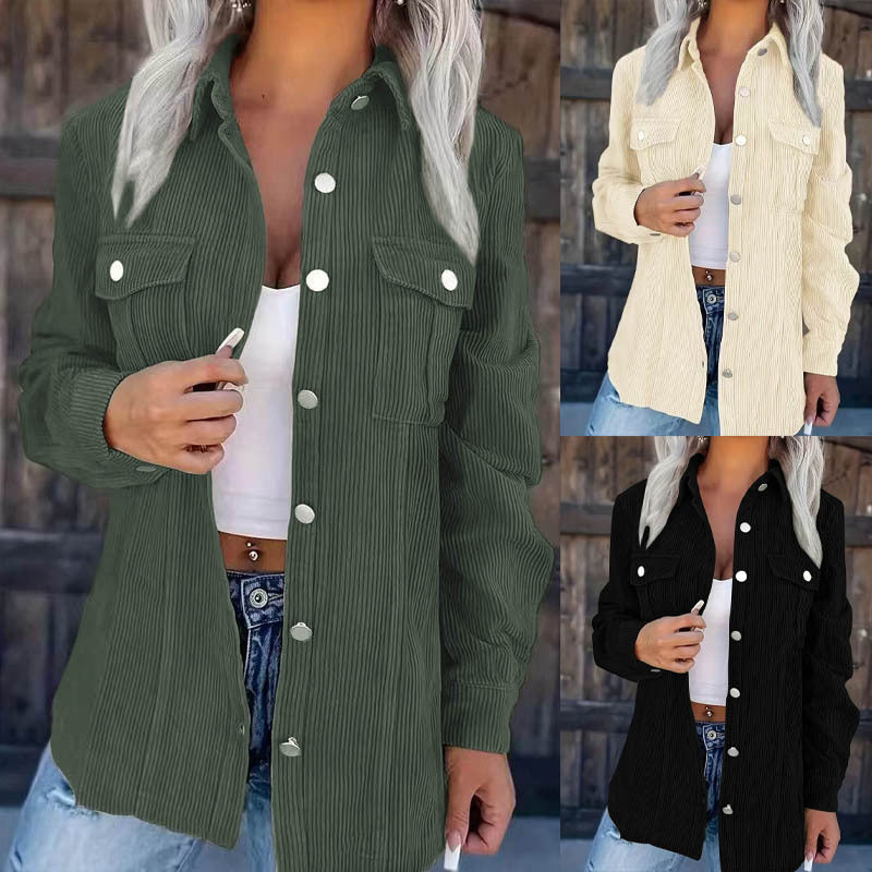 Ladies cord shirt jacket in shacket style with snap button placket and chest pockets Fashion Glam