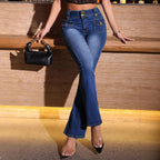 Women's High-Waisted Bootcut Jeans with Decorative Button Placket and Utility Patch Pockets Fashion Glam