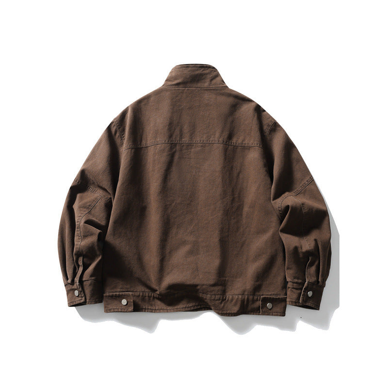Men's Oversized Canvas Jacket with Stand-Up Collar, Snap Button Front and Concealed Zipper Interior Insert Fashion Glam