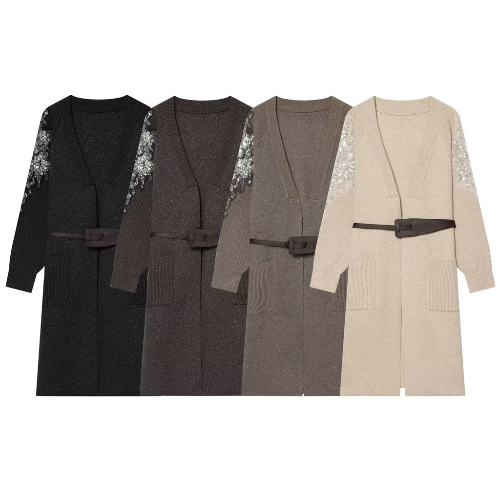 Women's Long Knit Coat-Cardigan with Waist Belt and Sequin Sleeves Fashion Glam