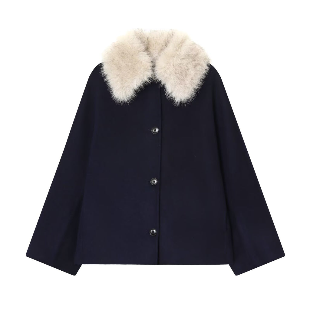 Women's wool cape with removable faux fur collar and concealed button placket Fashion Glam