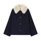 Women's wool cape with removable faux fur collar and concealed button placket Fashion Glam