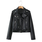 Women's robust fitted biker jacket made of faux leather with asymmetrical zipper and waist belt Fashion Glam