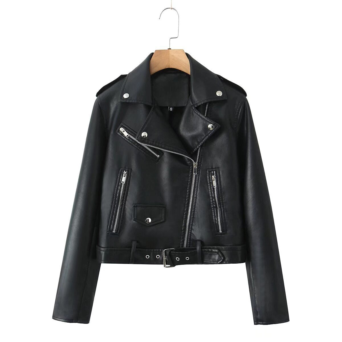 Women's robust fitted biker jacket made of faux leather with asymmetrical zipper and waist belt Fashion Glam