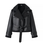 Women Short Sheepskin Imitation Flight Jacket with Waist Belt and Teddy Lining Fashion Glam