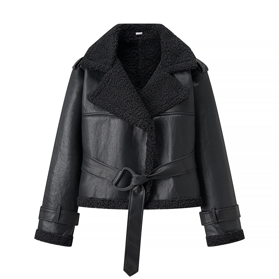 Women Short Sheepskin Imitation Flight Jacket with Waist Belt and Teddy Lining Fashion Glam