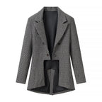 Women Houndstooth Blazer Inspired by Morning Coat with Cutaway Hem and Double-Breasted Button Placket Fashion Glam
