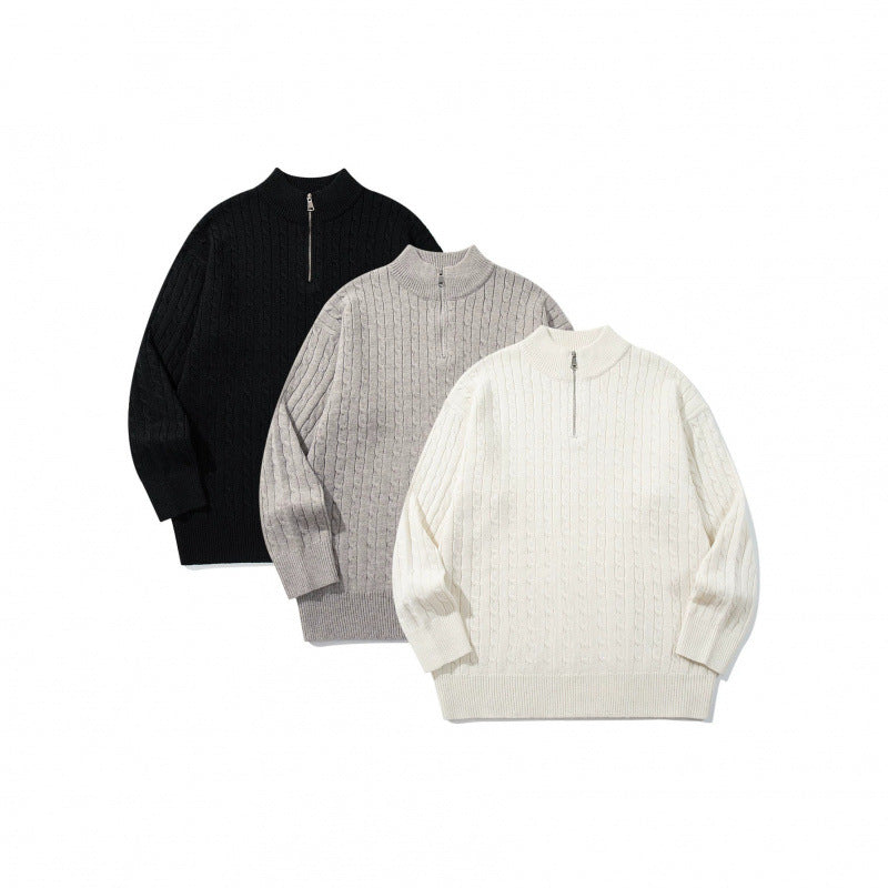 Unisex Oversize Braided Knit Half-Zip Sweater with Short Stand-Up Collar and Wide Ribbed Hem Fashion Glam