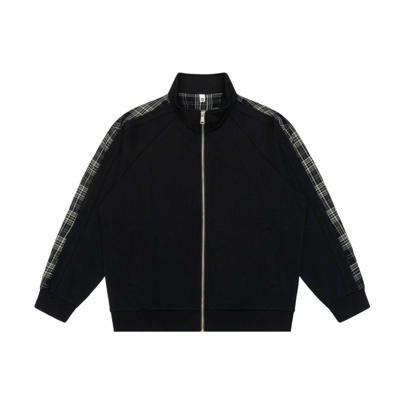 Unisex Short Cut Zip Jacket in Boxy Style with Check Arm Tape and Stand-Up Collar Fashion Glam