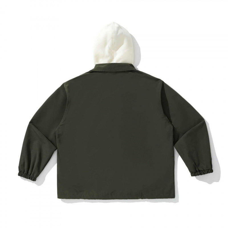 Unisex Two-Layer Overshirt Jacket with Attached Fleece Hood and Snap Button Placket Fashion Glam