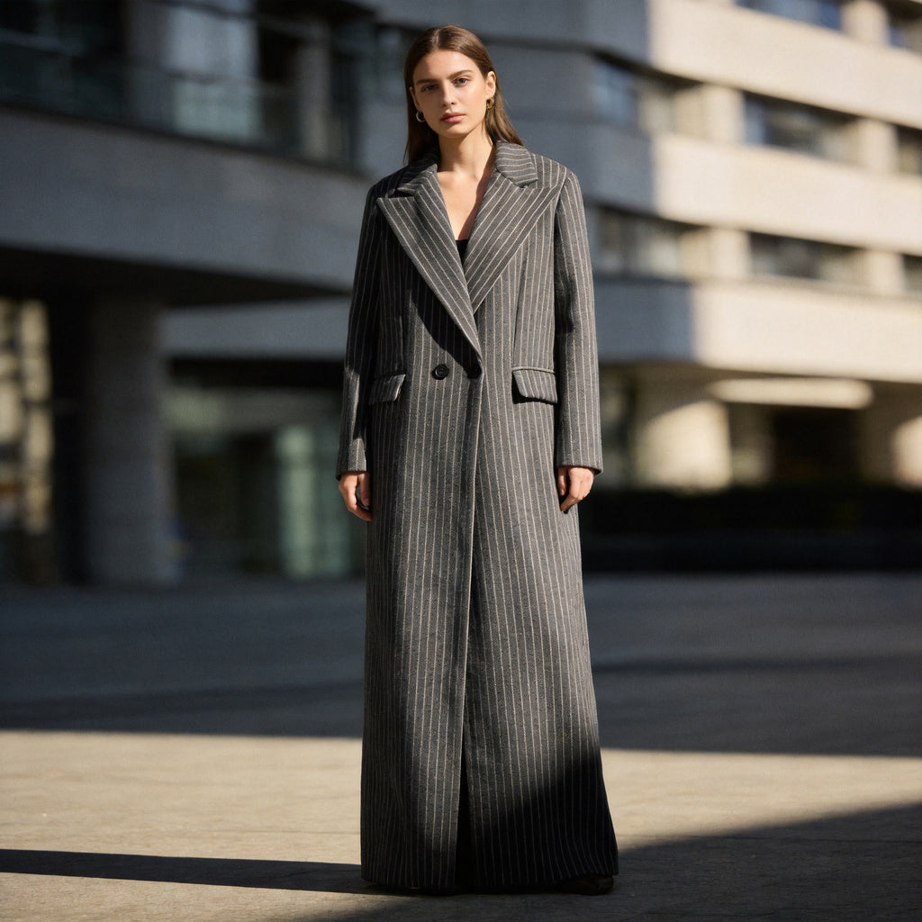 Ladies Longline Coat with Pinstripes and Double-Breasted Button Placket Fashion Glam