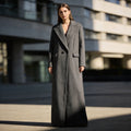 Ladies Longline Coat with Pinstripes and Double-Breasted Button Placket Fashion Glam