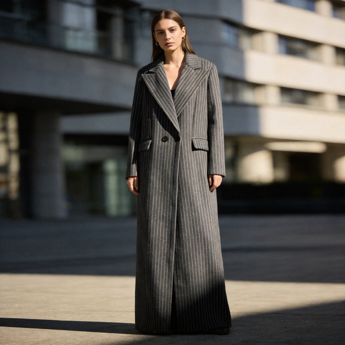 Ladies Longline Coat with Pinstripes and Double-Breasted Button Placket Fashion Glam