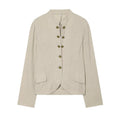 Women Boxy Linen Blazer with Stand Collar, Decorative Button Placket and Patch Pockets Fashion Glam