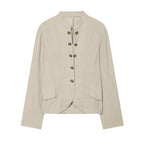 Women Boxy Linen Blazer with Stand Collar, Decorative Button Placket and Patch Pockets Fashion Glam