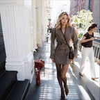 Women's Double-Breasted Houndstooth Blazer with Oversized Cut and Lapel Collar Fashion Glam