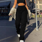 Women's High-Waist Cargo Pants with Wide Leg, Drawstring and Side Snap Details Fashion Glam