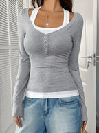 Women's fitted long-sleeve Henley shirt with deep U-neck and button placket Fashion Glam