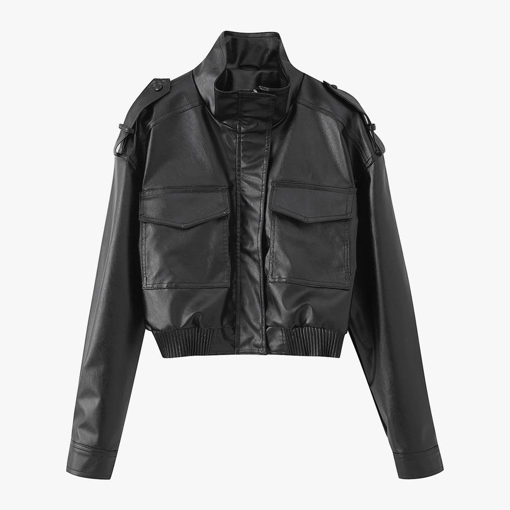 Women Short Fitted Leather Look Bomber Jacket with Stand-Up Collar, Shoulder Epaulettes and Patch Pockets Fashion Glam
