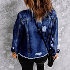 Women's Waist-Cinched Denim Trucker Jacket with Light Destroyed Effect and Fringed Hem Fashion Glam