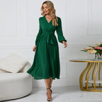 Women's Pleated Wrap Midi Dress with Waist Belt and V-Neck Fashion Glam