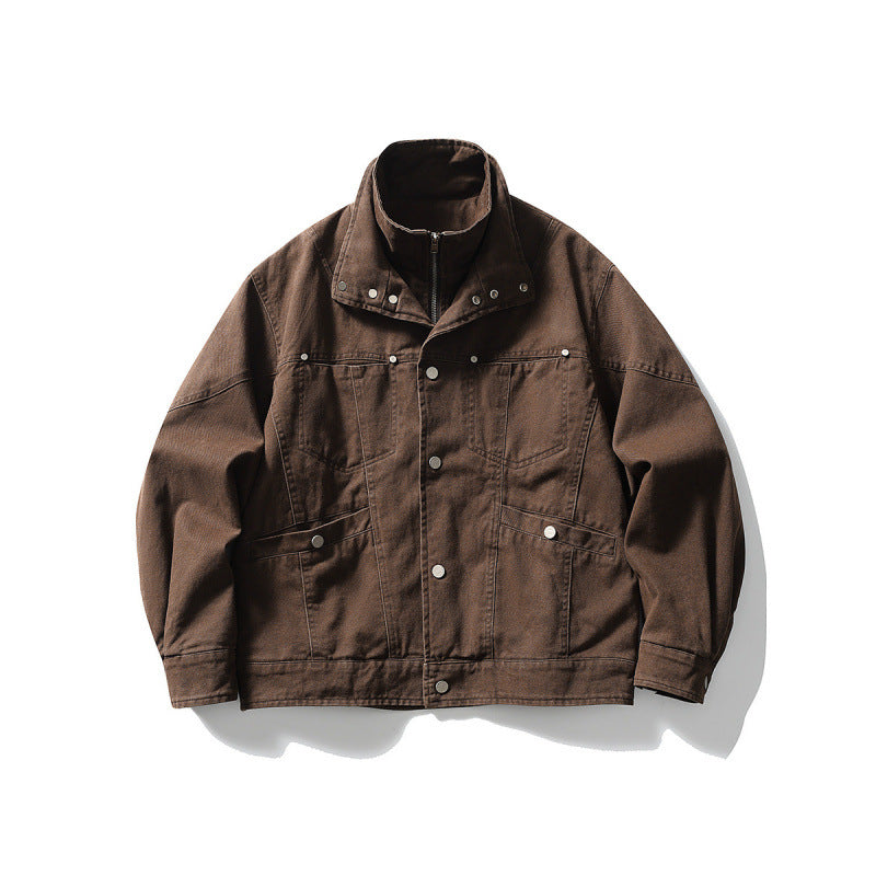 Men's Oversized Canvas Jacket with Stand-Up Collar, Snap Button Front and Concealed Zipper Interior Insert Fashion Glam