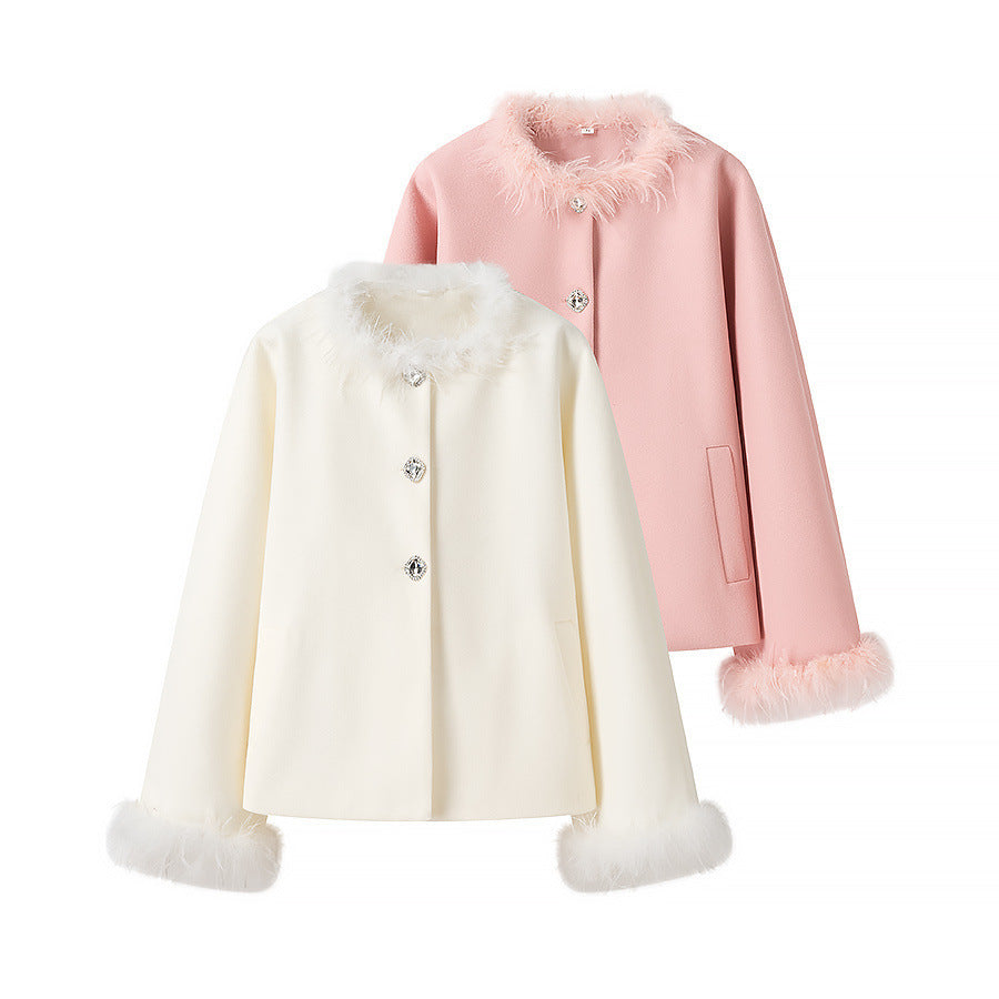 Ladies Short Boxy Coat Jacket with Feather Trimmed Collar and Cuffs Fashion Glam