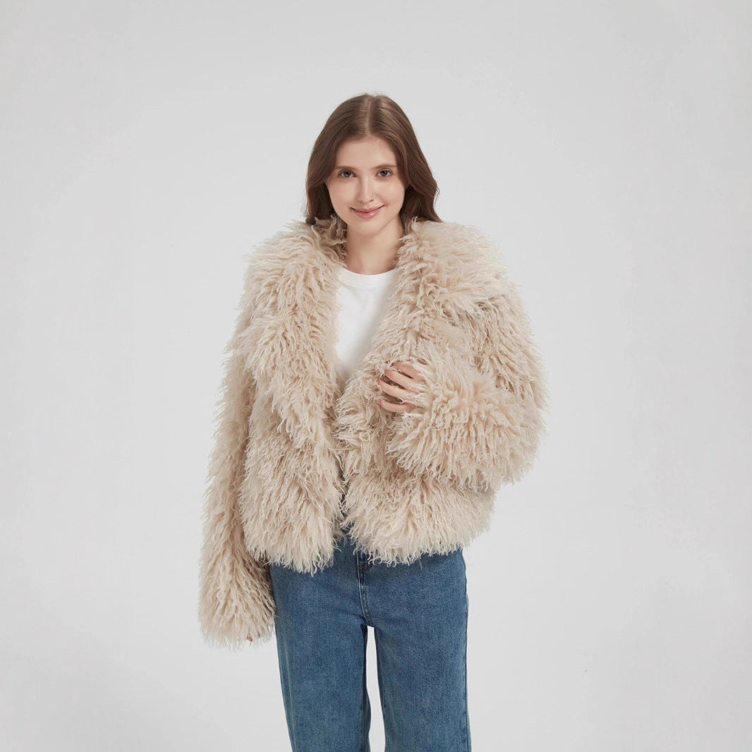 Women Short Boxy Faux Fur Bolero with Long Pile and Voluminous Shawl Collar Fashion Glam