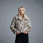 Women short cut faux fur jacket with graphic spot pattern and boxy silhouette Fashion Glam