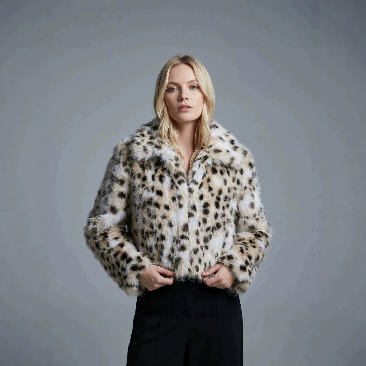 Women short cut faux fur jacket with graphic spot pattern and boxy silhouette Fashion Glam
