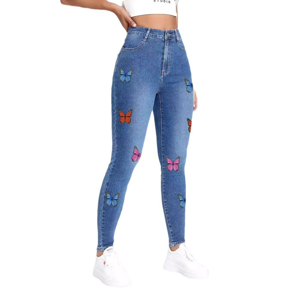 Women slim-fit high-waist jeans leggings with colorful butterfly print Fashion Glam