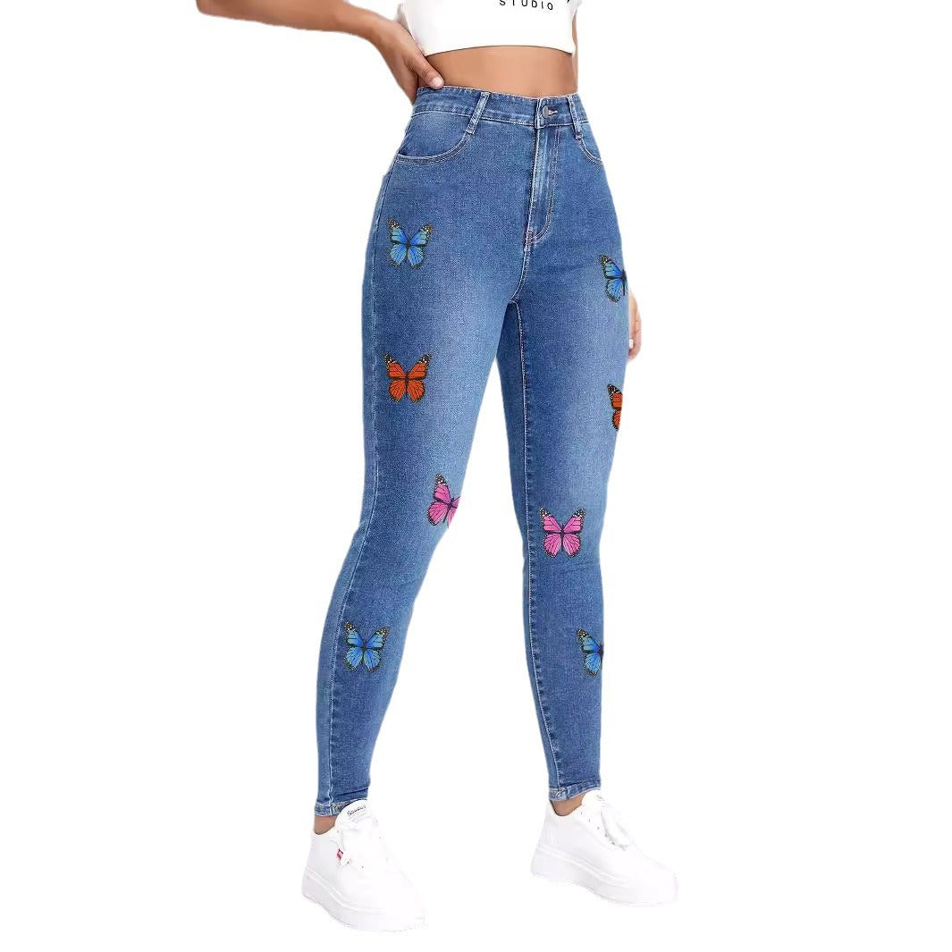 Women slim-fit high-waist jeans leggings with colorful butterfly print Fashion Glam