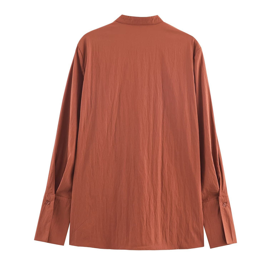 Women's Oversized Shirt Blouse with Mandarin Collar and Full Button Placket Fashion Glam
