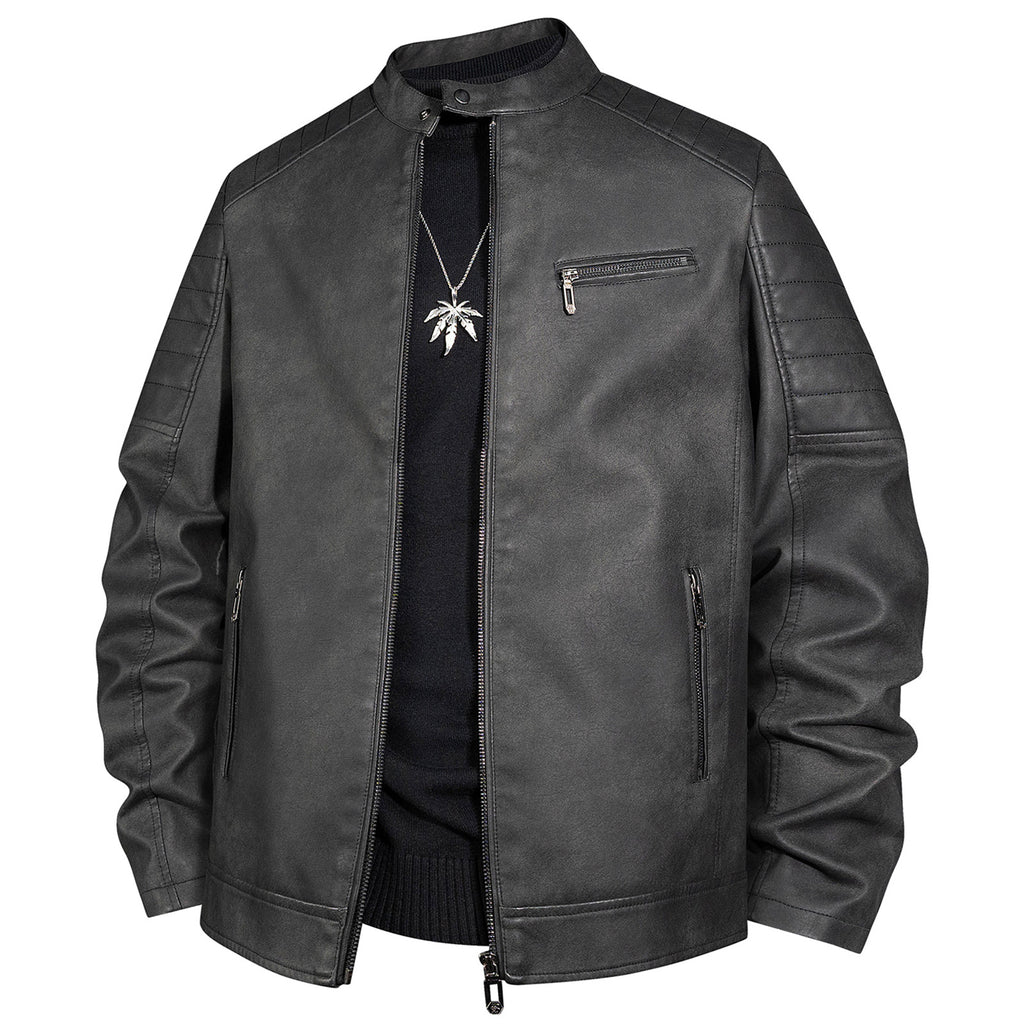 Men's biker jacket made of faux leather with stand-up collar and quilted shoulder Fashion Glam