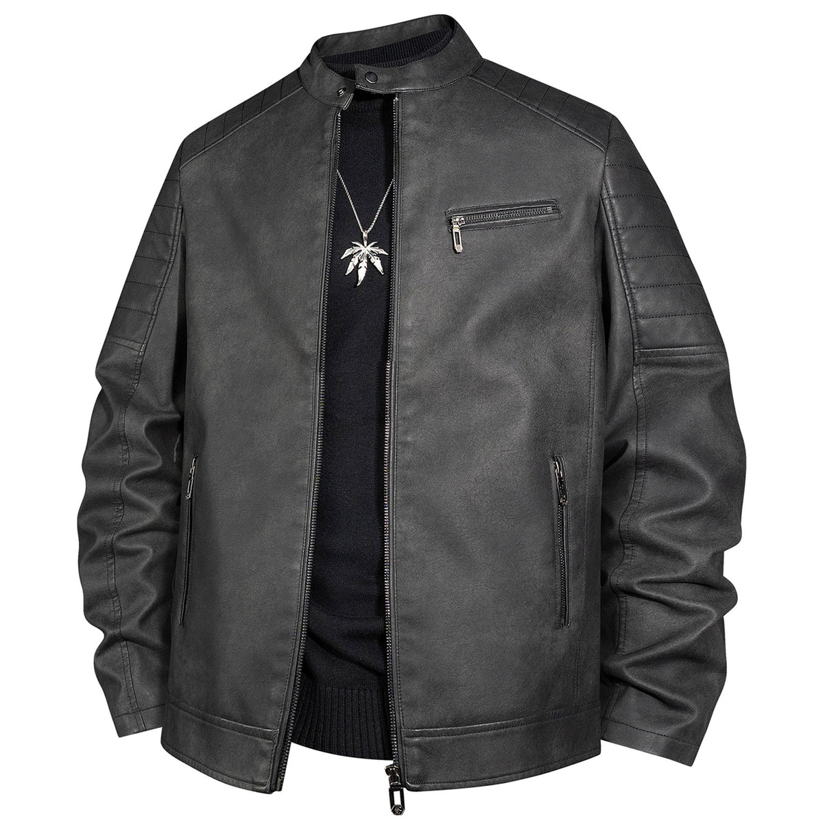 Men's biker jacket made of faux leather with stand-up collar and quilted shoulder Fashion Glam