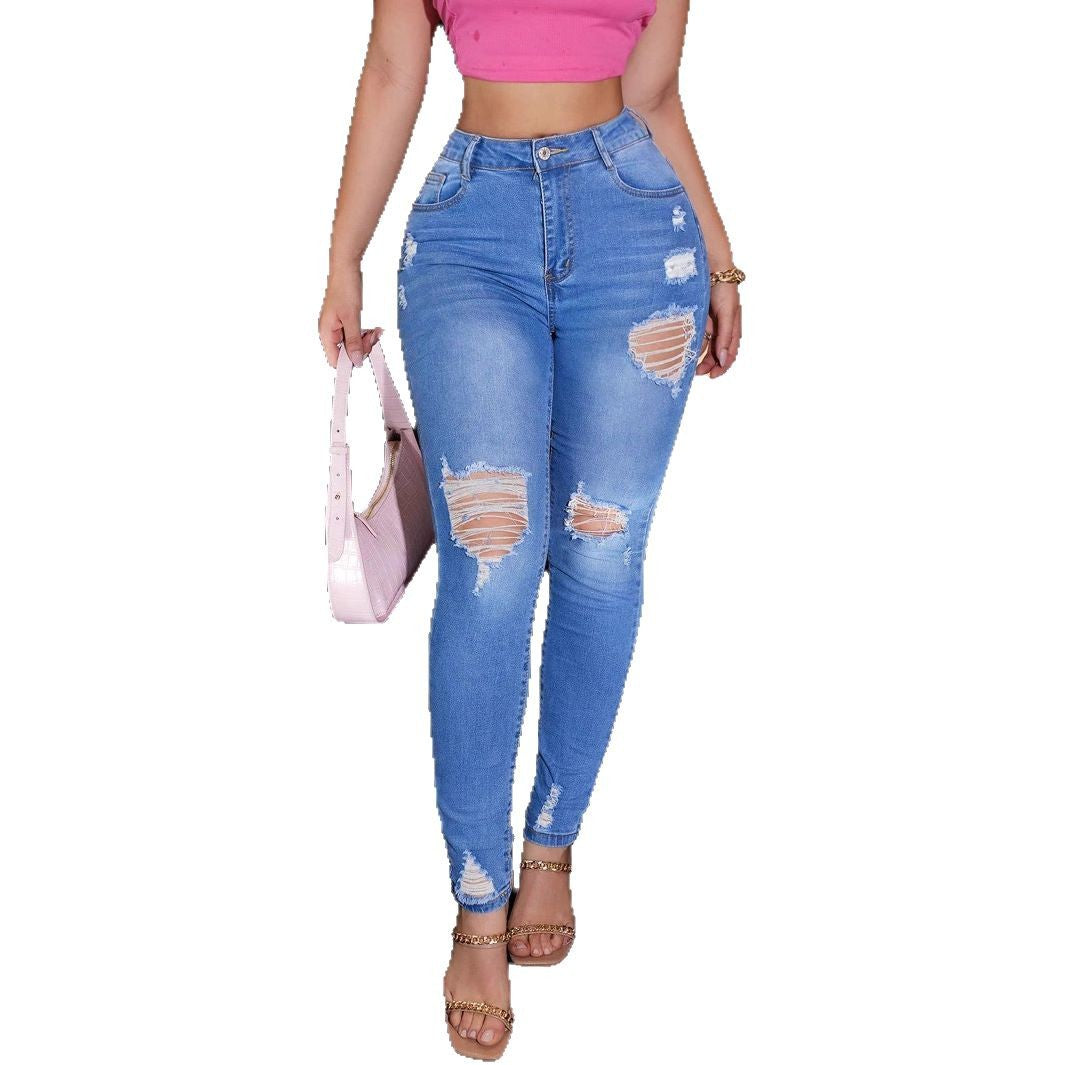 Women's High-Waisted Sculpting Skinny Jeans with Layered Ripped Details and Shaping Comfort Waistband Fashion Glam