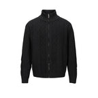 Men's Cable Knit Cardigan with Full Zip and High Ribbed Collar Fashion Glam