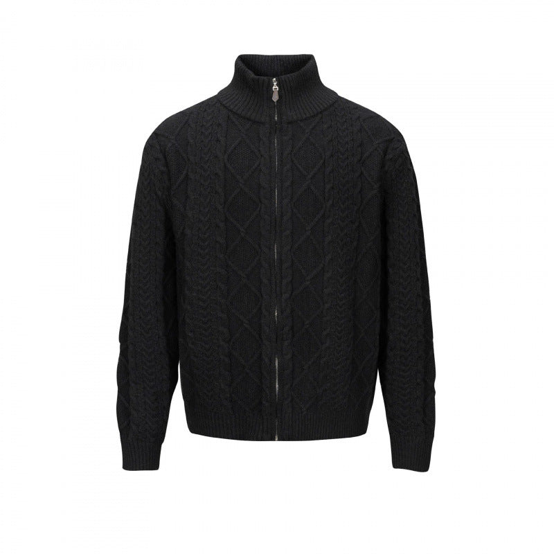Men's Cable Knit Cardigan with Full Zip and High Ribbed Collar Fashion Glam